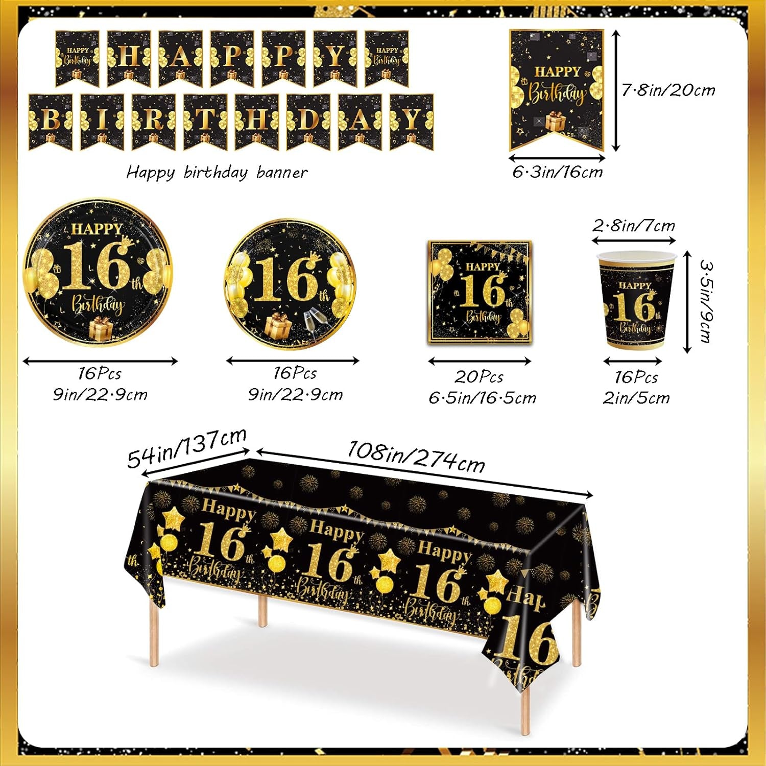 70 Pcs 16Th Birthday Tableware Black Gold, 16Th Birthday Table Decoration Set for Teen Party Supplies (16 Guests)