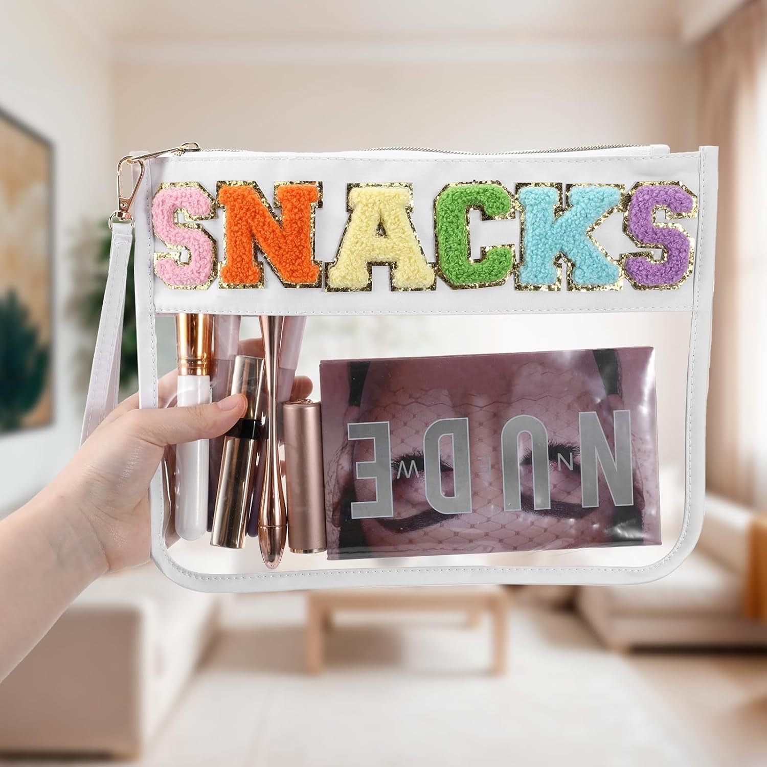 Chenille Letter Snack Bag Clear Makeup Bag Zipper Snack Pouch Waterproof Cosmetic Bag Toiletry Storage Bag Small Travel Bag for Women