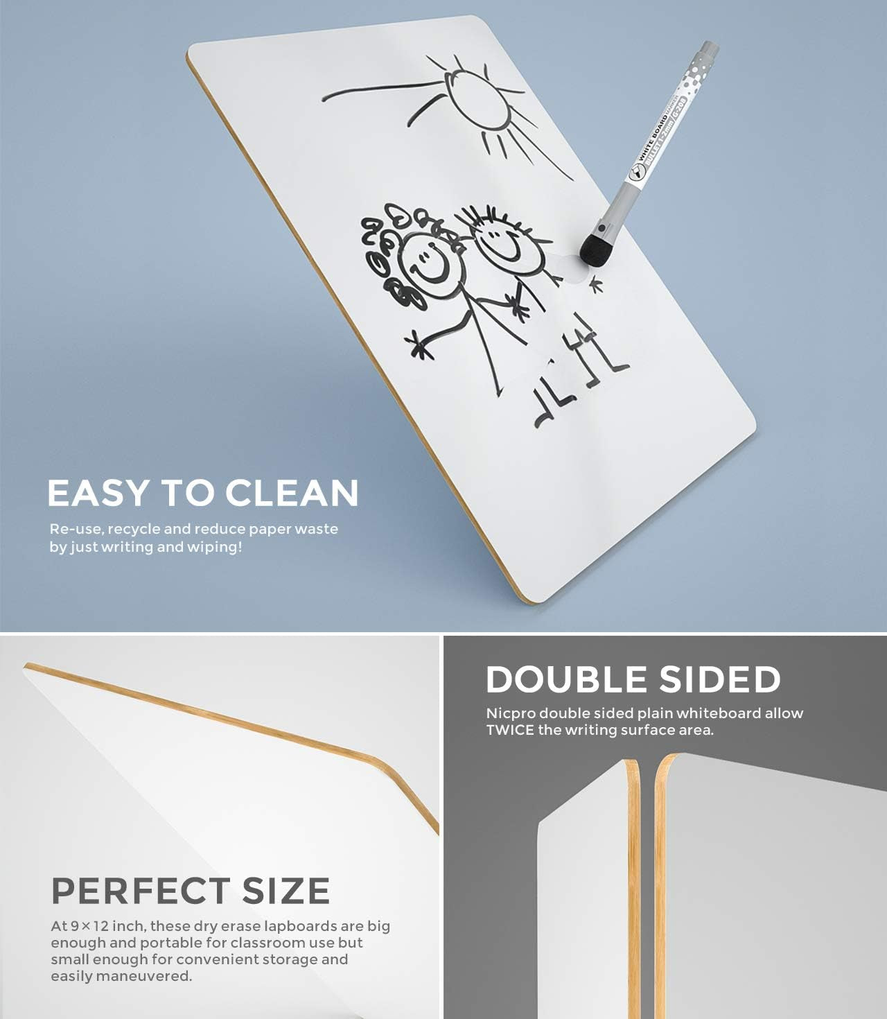 Dry Erase Mini Whiteboard A4, 22 X 30 Cm Double Sided Lapboard with 3 Water-Based Pens Learning Small White Board Portable Drawing Writing for Student and Classroom Use