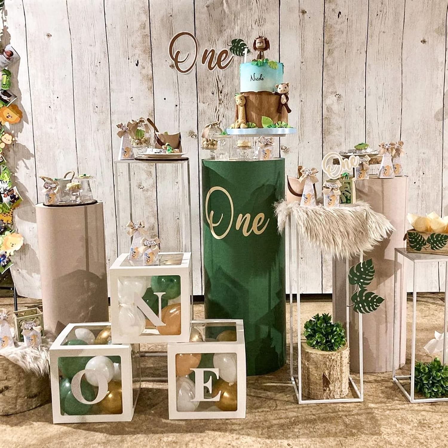 1St Birthday Party Decoration Boxes for Boys & Girls, 3 Pcs White Balloon Boxes with ONE Letter for Baby Shower, Balloon Blocks for First Birthday Decorations