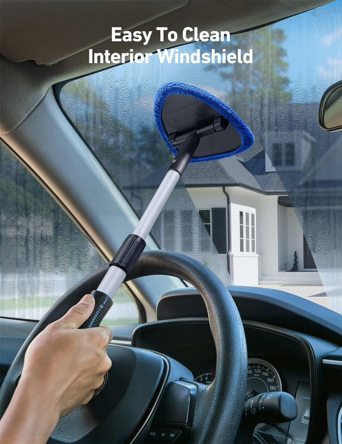 Car Windscreen Cleaner, Car Window Cleaner with 4 Reusable and Washable Microfiber Pads, Windshield Cleaning Tool with Detachable Handle Auto inside Glass Wiper Kit, Blue