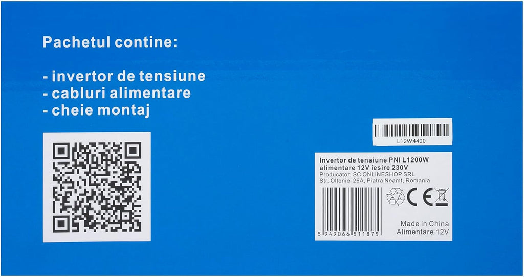 Power Inverter  L1200W, Input 12V - Output 230V, Output Power 1200W, 1 X 230V Socket, USB2.0