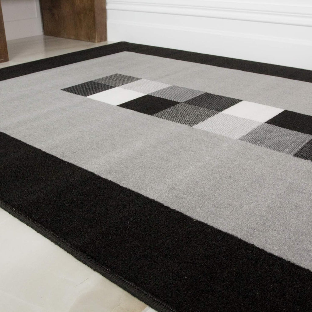 Milan Soft Simple Modern Black & Grey Monochrome Living Room Dining Room Border Area Rug - 80Cm X 150Cm