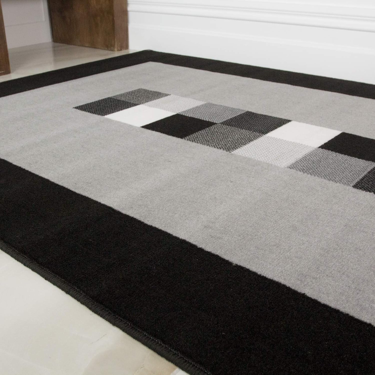 Milan Soft Simple Modern Black & Grey Monochrome Living Room Dining Room Border Area Rug - 80Cm X 150Cm