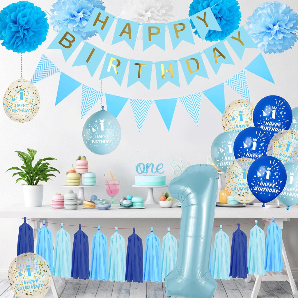 1St Birthday Decorations for Boys Blue - First Balloons Happy Birthday Banner One Cake Topper Number 1 Balloon Tassel, Tissue Paper Pom Poms Decoration for 1 Year Old Baby Boy Party Celebration