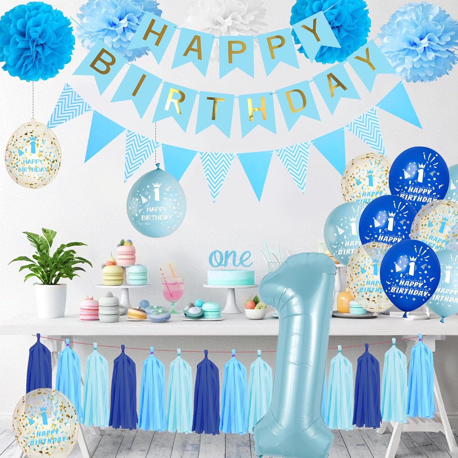 1St Birthday Decorations for Boys Blue - First Balloons Happy Birthday Banner One Cake Topper Number 1 Balloon Tassel, Tissue Paper Pom Poms Decoration for 1 Year Old Baby Boy Party Celebration