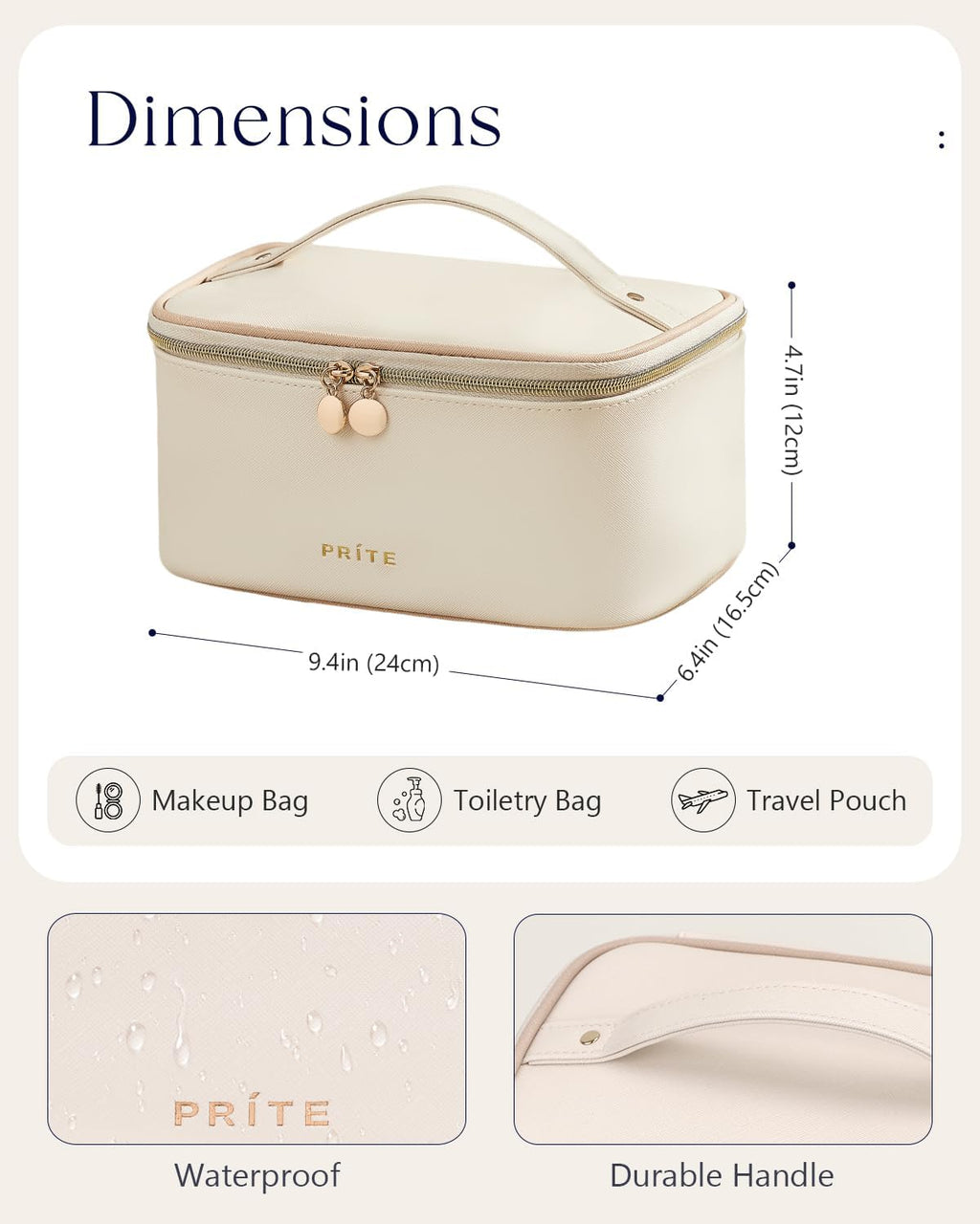 Large Makeup Bag for Women Travel Cosmetic Case Waterproof PU Leather Toiletry Bag Portable Make up Organiser with Handle and Removable Divider (Beige)