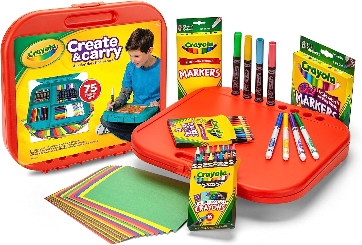 Create 'N Carry Art Set (75Pcs), 2-In-1 Lap Desk & Carrying Case, Art Kit for Kids Crafts, Drawing & Coloring Supplies, Easter Gifts for Kids