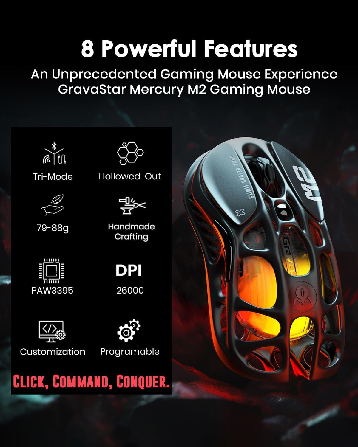 Mercury M2 Wireless Gaming Mouse with 26,000 DPI, PAW3395DM Sensor -79G Lightweight Hollowed-Out Design -5 Programmable Buttons -5 Dynamic Lightsync RGB - Stealth Black