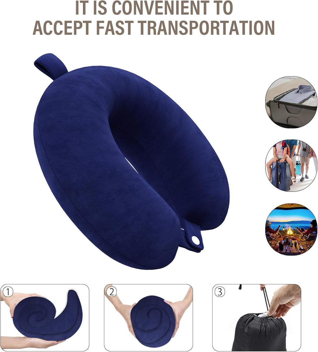 Travel Pillow Memory Foam Neck Pillow Lightweight Quick Pack for Airplane Train Car Travel Camping Neck Support Pillow (Navy Blue)