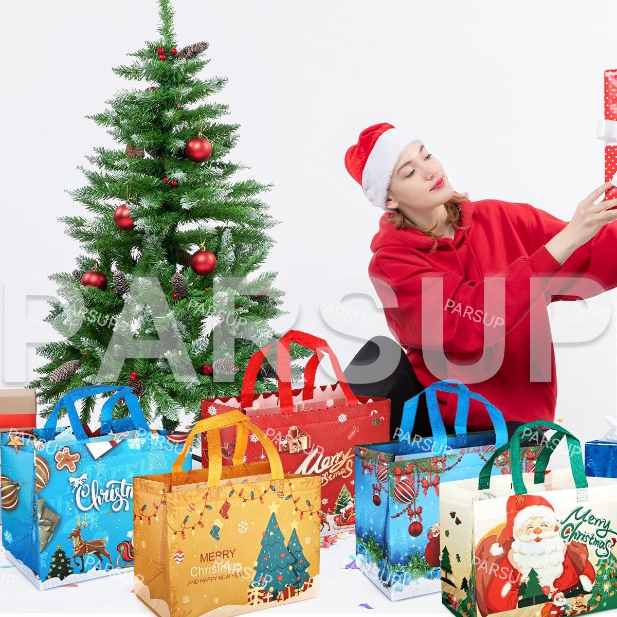 4PCS Christmas Gift Bags,Christmas Tote Bags with Handles, 2023 Christmas Treat Bags, Multifunctional Non-Woven Christmas Bags for Gifts Wrapping Shopping, Xmas Party Supplies, 32.5×25×17Cm