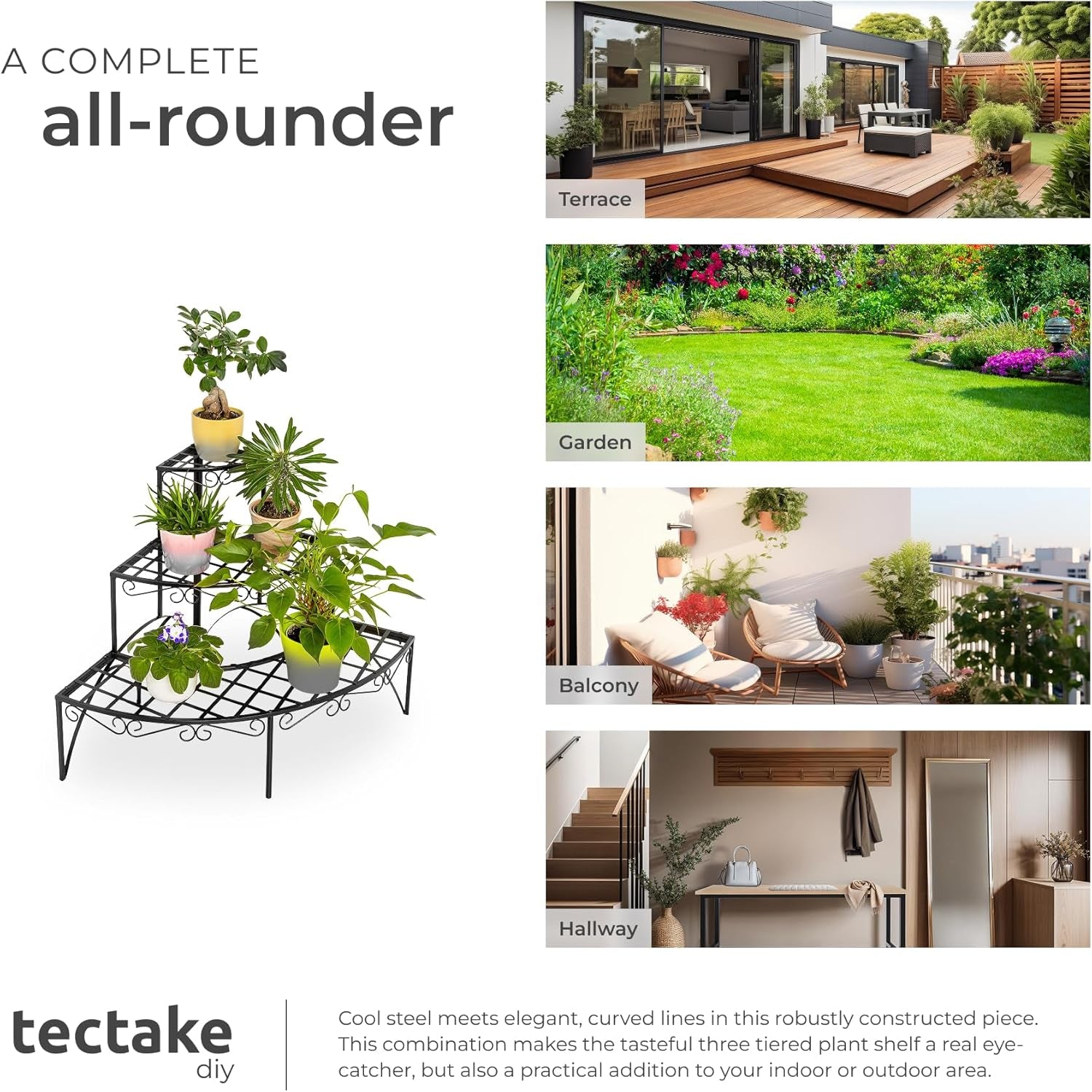 3-Tiered Plant Stand in Charming, Airy Design & Robust, Weather-Resistant Steel, 30 Kg Load Capacity, Indoor & Outdoor Use, Plant Pot Stand for Garden, Balcony, Patio, Conservatory - Black