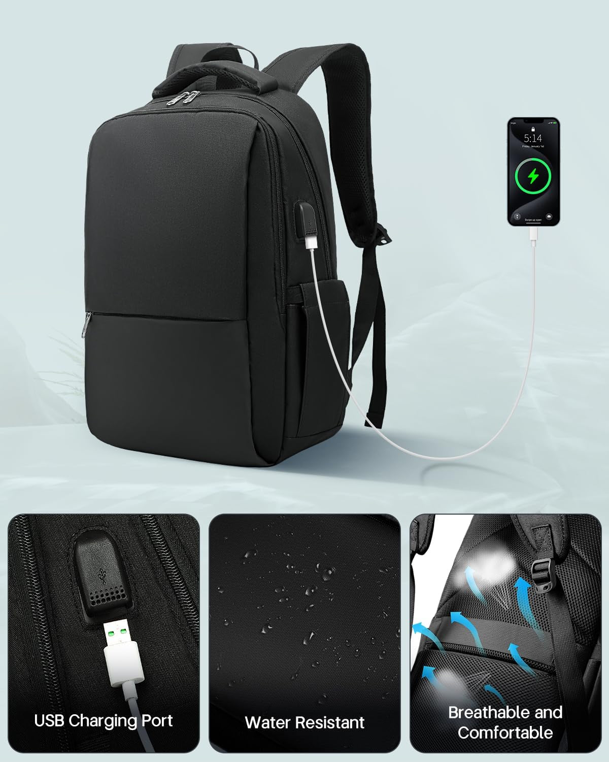 Laptop Backpack, Business Travel Backpack with Charging Port, Water Resistant Laptop Rucksack, Anti-Theft Backpack for Men Women, Fits 15.6-Inch Laptop School Bag