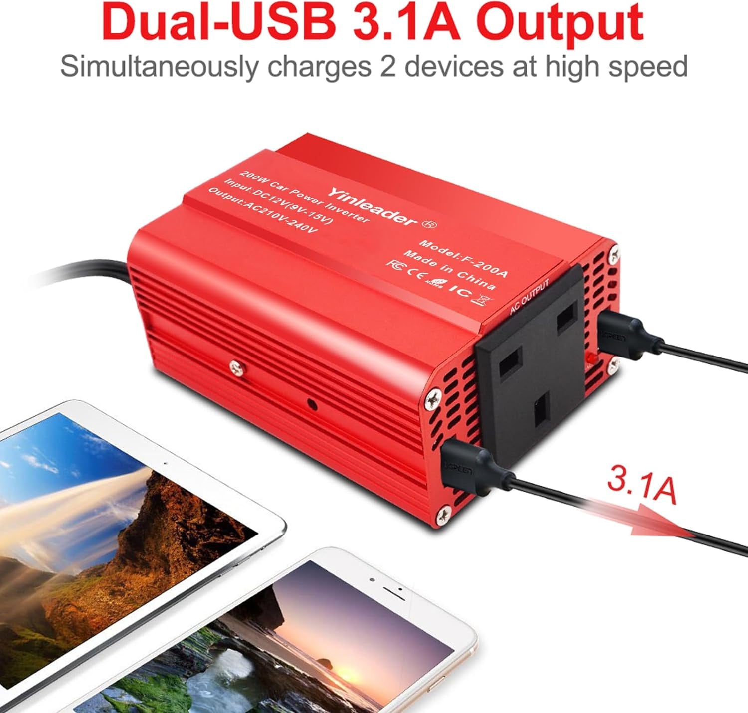 Power Inverter 200W 12V to 240V UK Socket Dual USB DC to AC Converter Car Cigarette Adapter