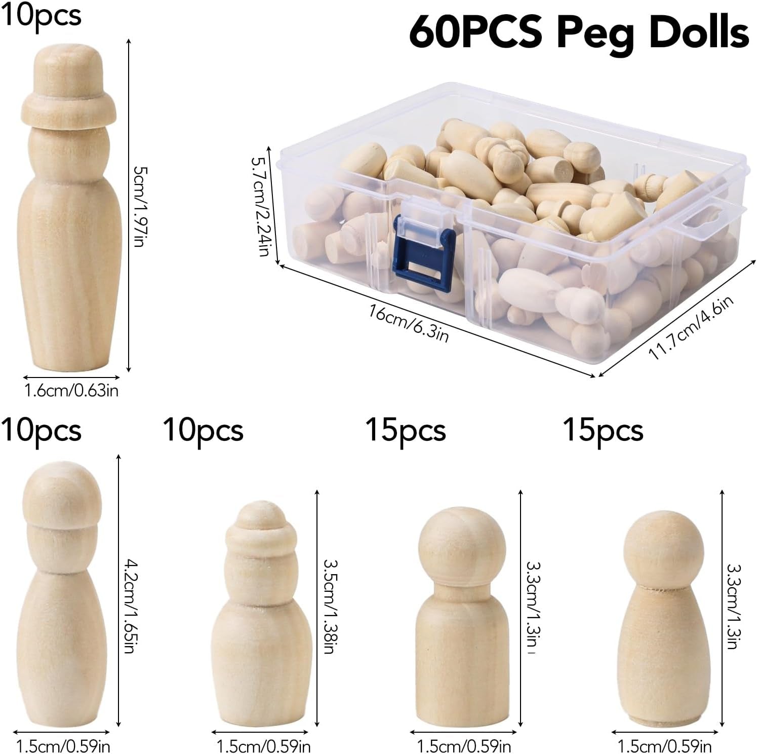 Wooden Peg Dolls - 60PCS Nature & Plain Wooden Figures, 4 Sizes, Unfinished People Shaped Dolls with Storage Box for Kids DIY Painting Crafts & Decoration