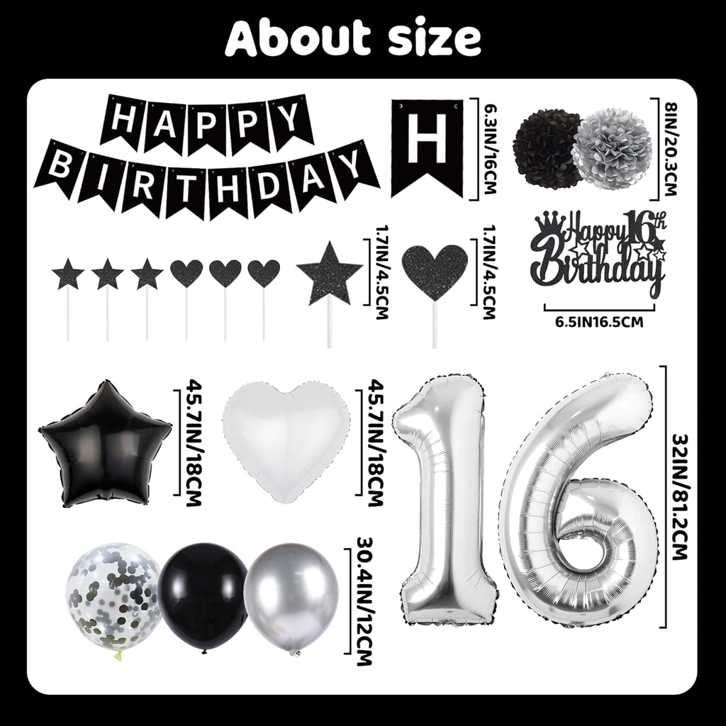 16Th Birthday Decorations Black Silver - 50 Pieces 16Th Decoration for Boys Number 16 Foil Balloon Birthday Banner Star Love Balloon Paper Flowers Cake Toppers for Girls Party Supplies