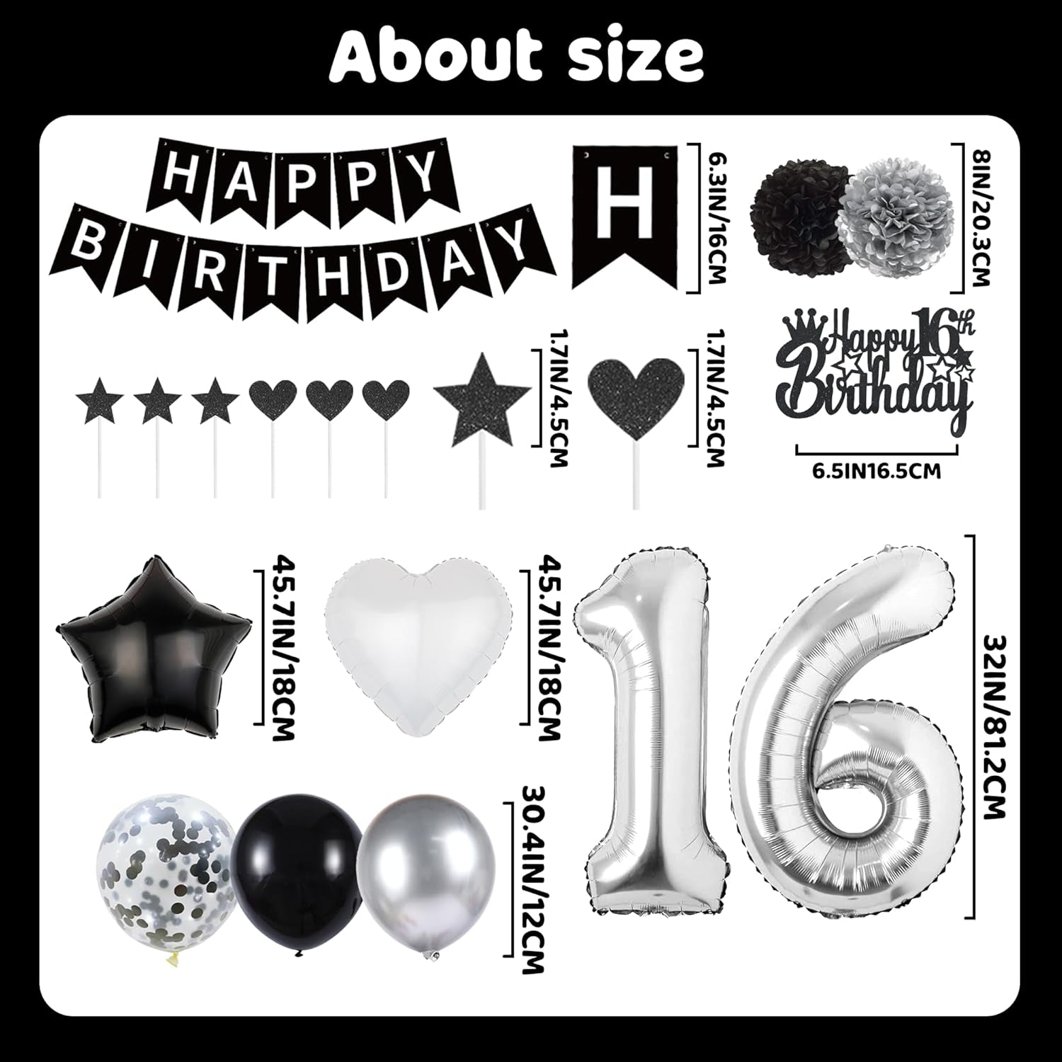 16Th Birthday Decorations Black Silver - 50 Pieces 16Th Decoration for Boys Number 16 Foil Balloon Birthday Banner Star Love Balloon Paper Flowers Cake Toppers for Girls Party Supplies