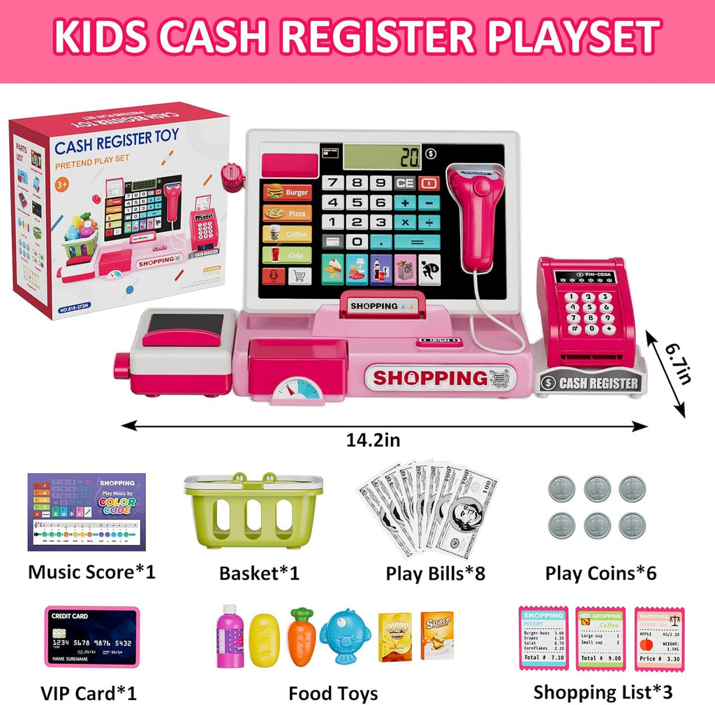 Kids Cash Register Toy Playset with Real Calculator, Toddler Pretend Play Store Incl Scanner/Credit Card/Play Money/Conveyor/Food Toys, Learning Toys Gifts for Girls Ages 4-8 8-12, Pink