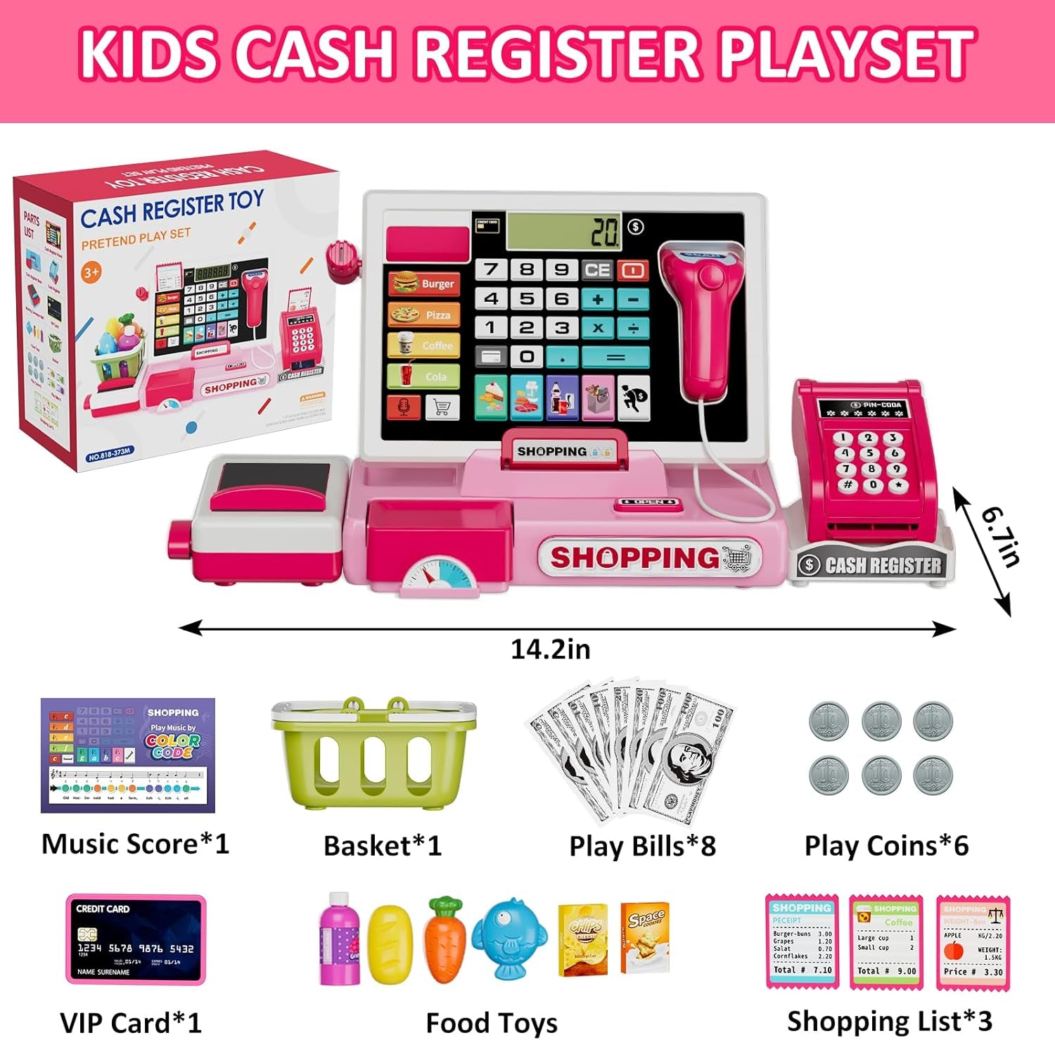 Kids Cash Register Toy Playset with Real Calculator, Toddler Pretend Play Store Incl Scanner/Credit Card/Play Money/Conveyor/Food Toys, Learning Toys Gifts for Girls Ages 4-8 8-12, Pink