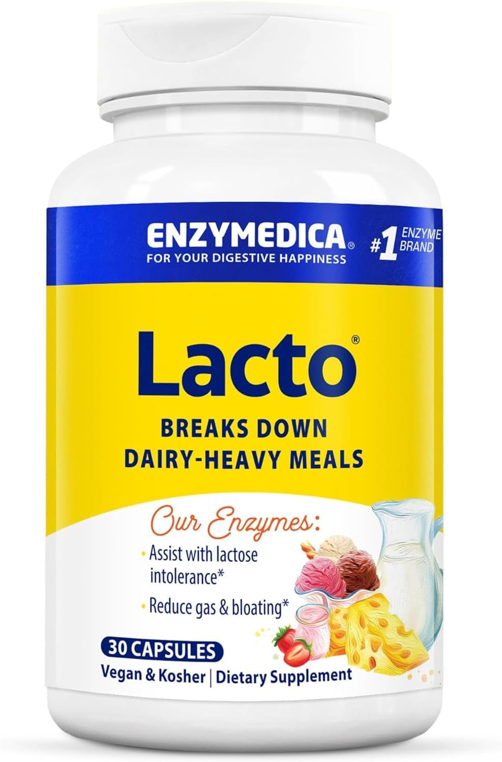 Lacto, Maximum Strength Formula for Dairy Intolerance, with Enzymes Lactase and Protease, Relieves Digestive Discomfort, 30 Capsules (30 Servings)