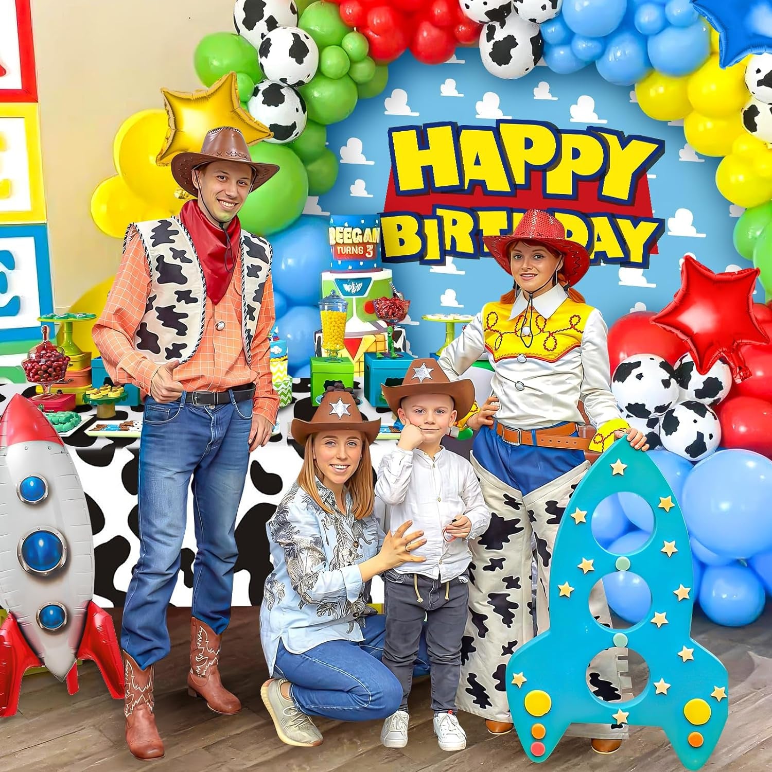 154Pcs Toy Inspired Story Birthday Party Decorations Supplies for Kids Teen, Balloon Arch with Backdrop Tablecloth Cow Print Balloons Star Rocket, Cartoon Game Girls Boys Birthday Party Decor