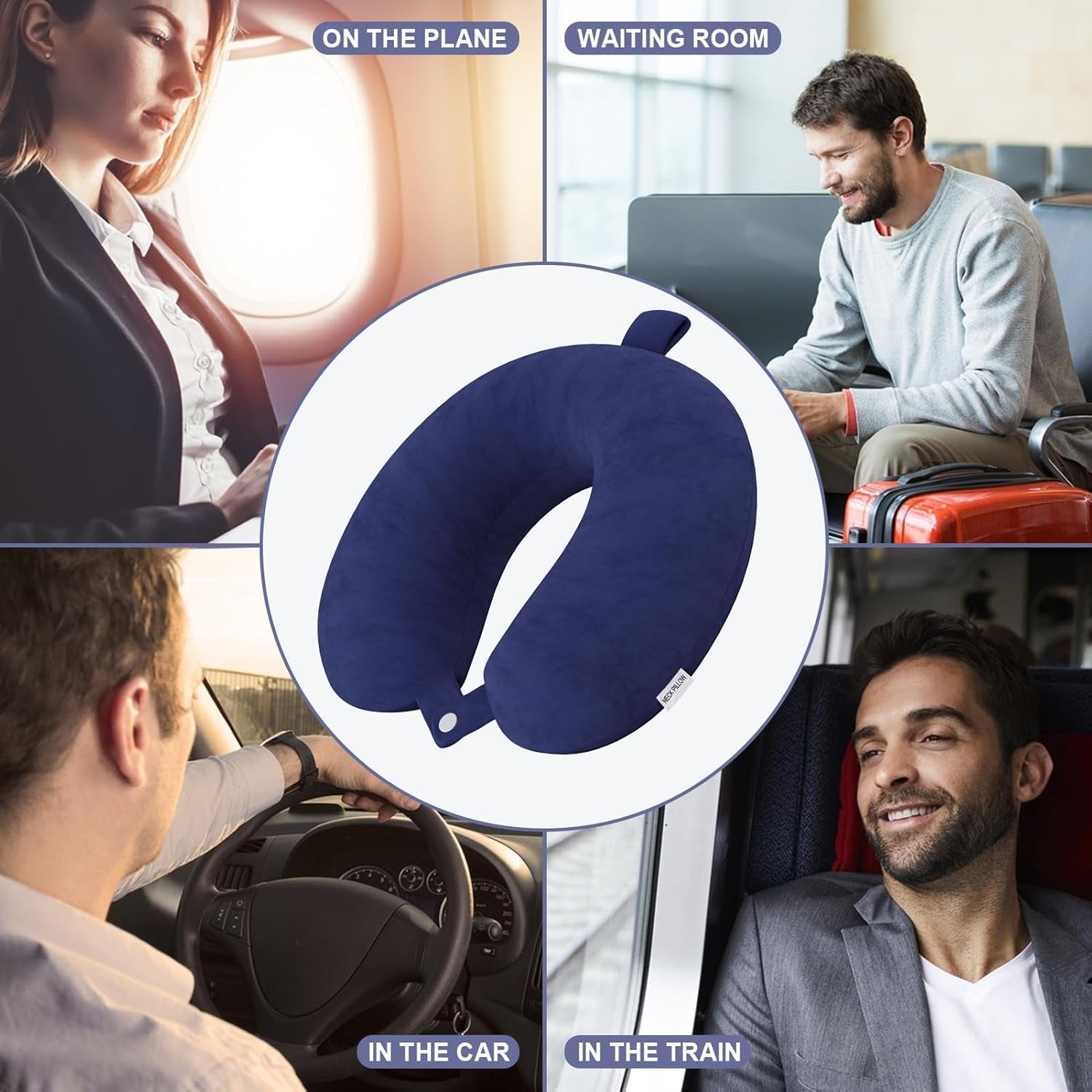 Travel Pillow Memory Foam Neck Pillow Lightweight Quick Pack for Airplane Train Car Travel Camping Neck Support Pillow (Navy Blue)
