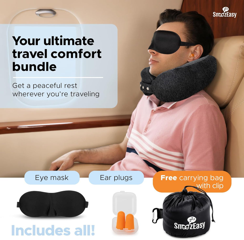 Travel Pillow for Adults | High-Density Memory Foam Neck Pillow for Airplane | Adjustable Flight Travel Cushion with Eye Mask, Ear Plugs, Carry Bag & Carabiner Clip | UK Brand