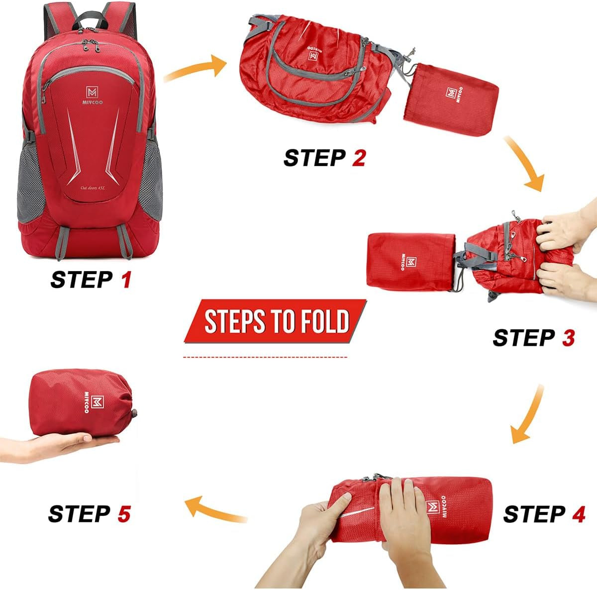 Lightweight Backpack for Men Women - Packable Hiking Travel Backpack - Foldable Outdoor Camping Daypack Red