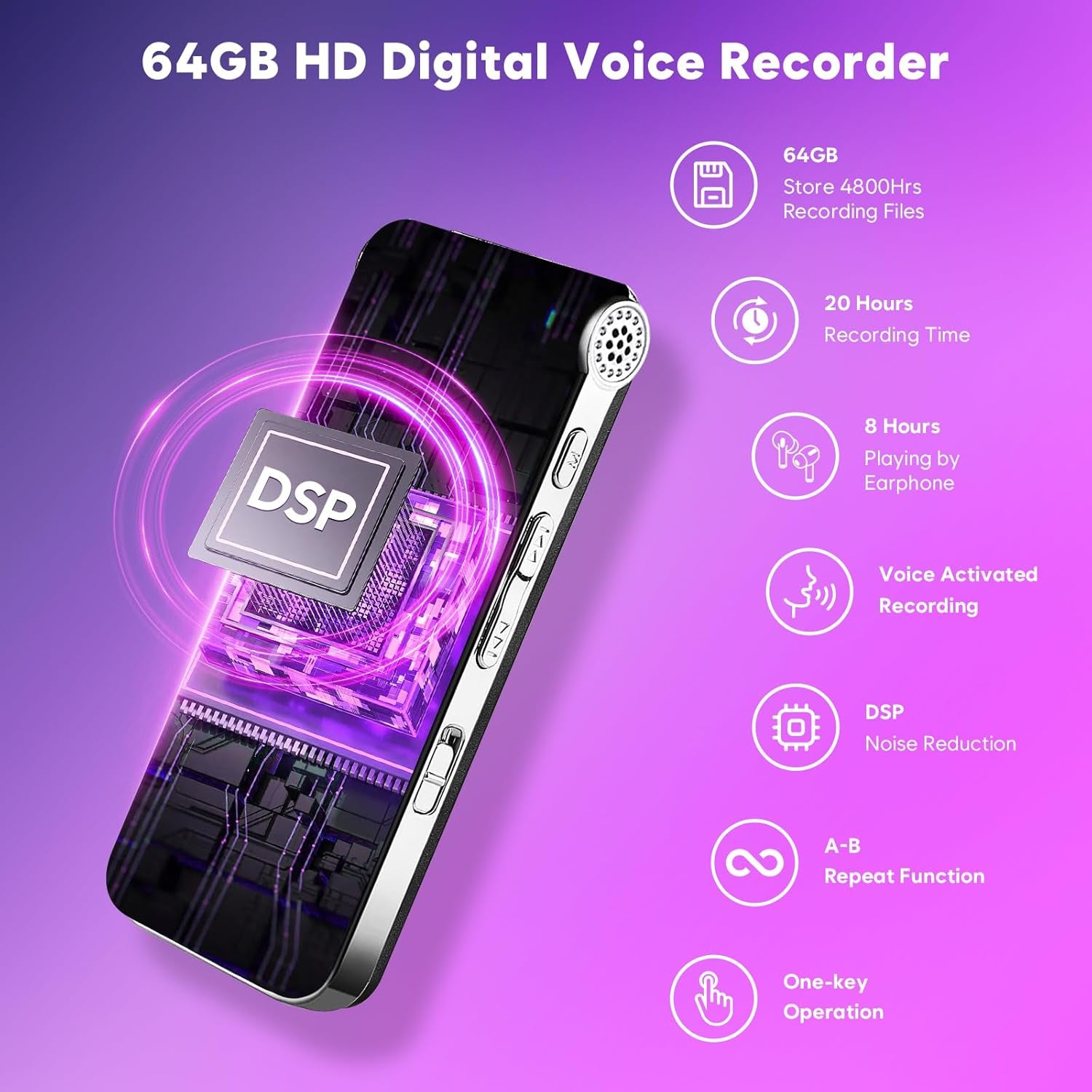 64GB Voice Recorder with Noise Reduction, 4800 Hours  Dictaphone Voice Activated Recorder with Playback for Lectures Meetings, 1536Kbps Smart Audio Sound Tape Recording Device with Password