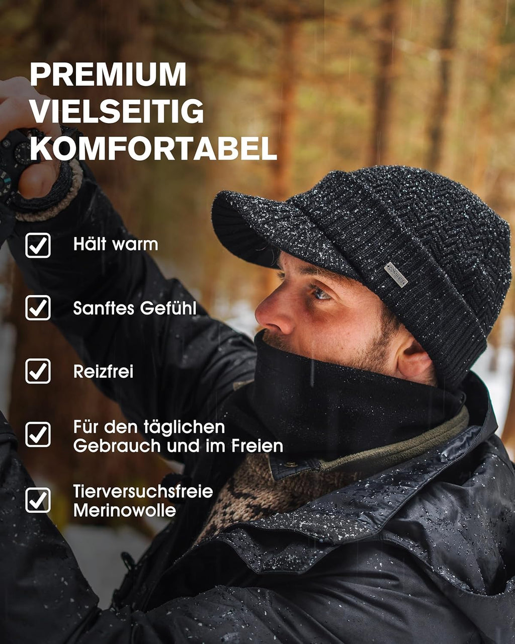 Men'S Winter Wool Peaked Beanie Hat and Ski Snood Set, Wool Visor Beanie Hat with Fleece Neck Warmer Set - Stay Warm and Stylish