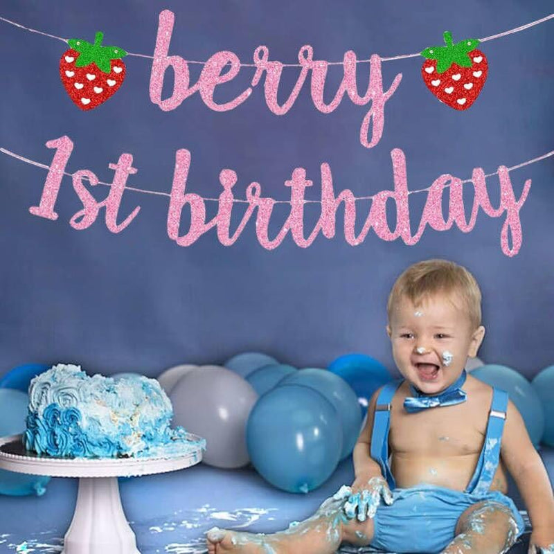 Glitter Berry 1St Birthday Banner Garland Strawberry Themed Decorations, Girls' First Birthday Decor Summer Fruit Theme Party Supplies