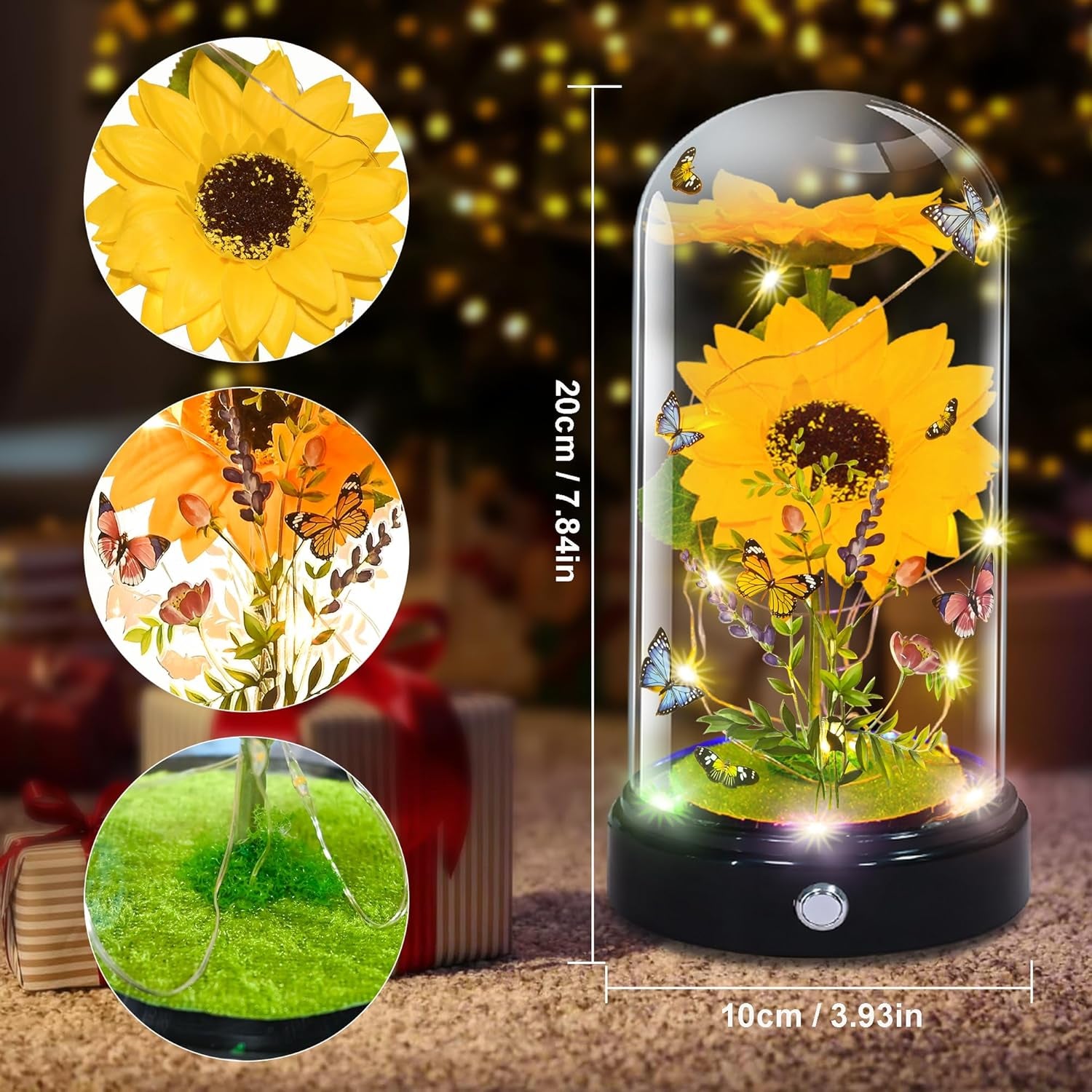 Mothers Day Flower Gifts for Mum, Artificial Sunflower in Glass Dome, Light up Flower Is Unusual Sunflower Gifts for Women/Mum/Wife/Her on Valentines Day Mothers Day Anniversary Birthday Christmas