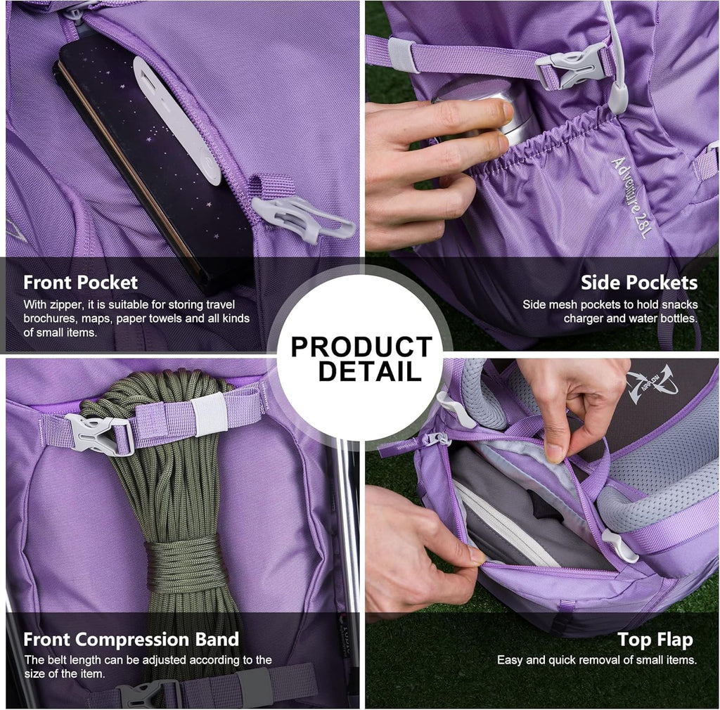 Small Hiking Backpack 28L Travel Daypack Lightweight for Women for Outdoor Camping, 20.5×12.2×6.3 In，Purple