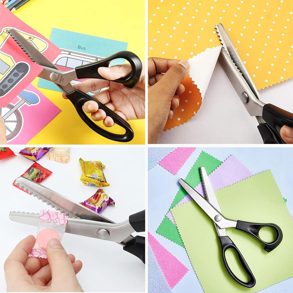 Fabric Scissor Set, Professional Dressmaking Scissors, Black Wavy Edge Craft, Comfort Grips Handled, Zig Zag Scissors with 12 Sewing Clips for Fabric and Blue Wire Cutters (Style 1)