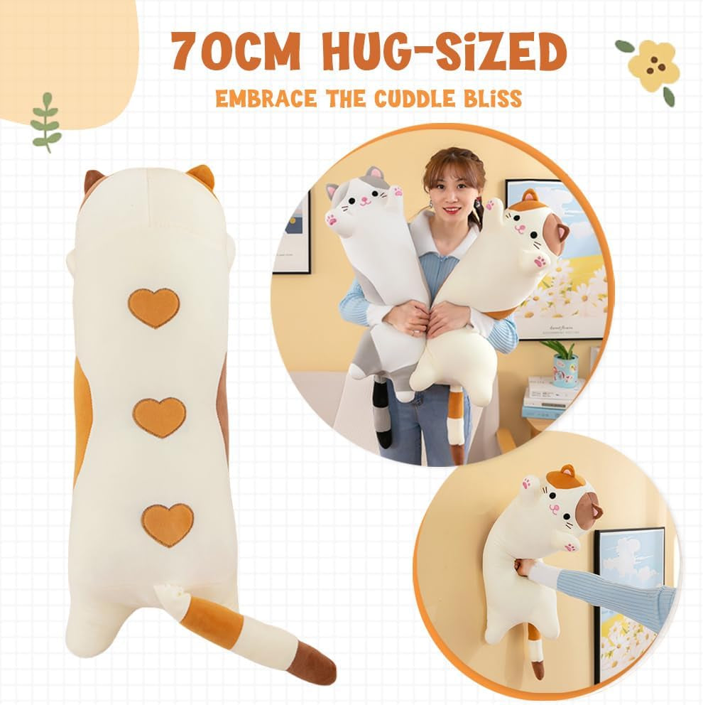 Long Cat Plush Pillows, Cute Cat Stuffed Animal Kitten Soft Huggable Cat Plush Toys Pillow for Kids and Adults, 1Pcs, 70Cm/ New Beige
