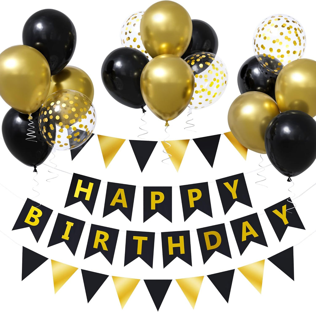Black Gold Birthday Decoration, 12Inch Black Gold Happy Birthday Balloons with Happy Birthday Banner and Bunting Confetti Balloons, Black Party Decorations for Men Boys