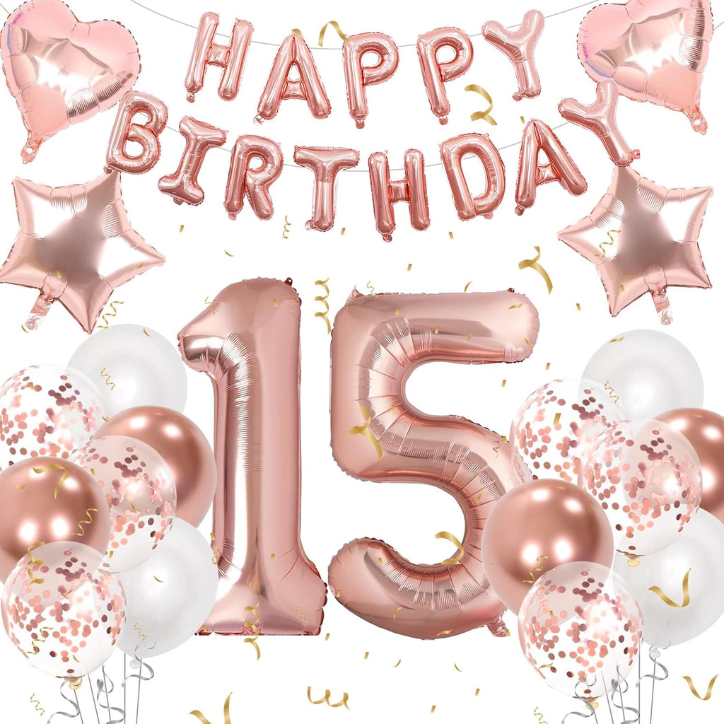 15Th Birthday Decorations for Girls, Rose Gold 15Th Birthday Decorations, Rose Gold 32 Inch Number 15 Foil Balloon with Banner, Star Confetti Balloon for 15 Party Deko