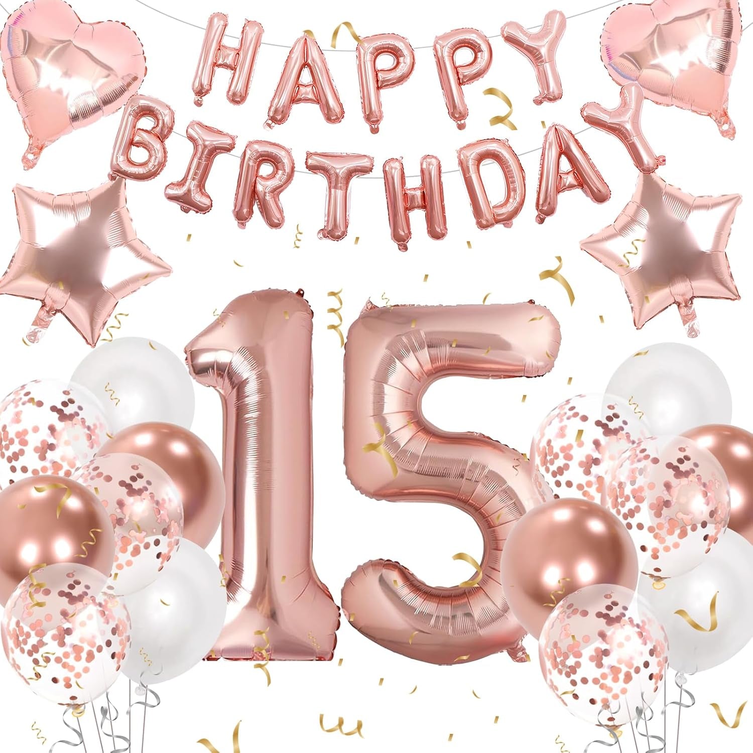 15Th Birthday Decorations for Girls, Rose Gold 15Th Birthday Decorations, Rose Gold 32 Inch Number 15 Foil Balloon with Banner, Star Confetti Balloon for 15 Party Deko