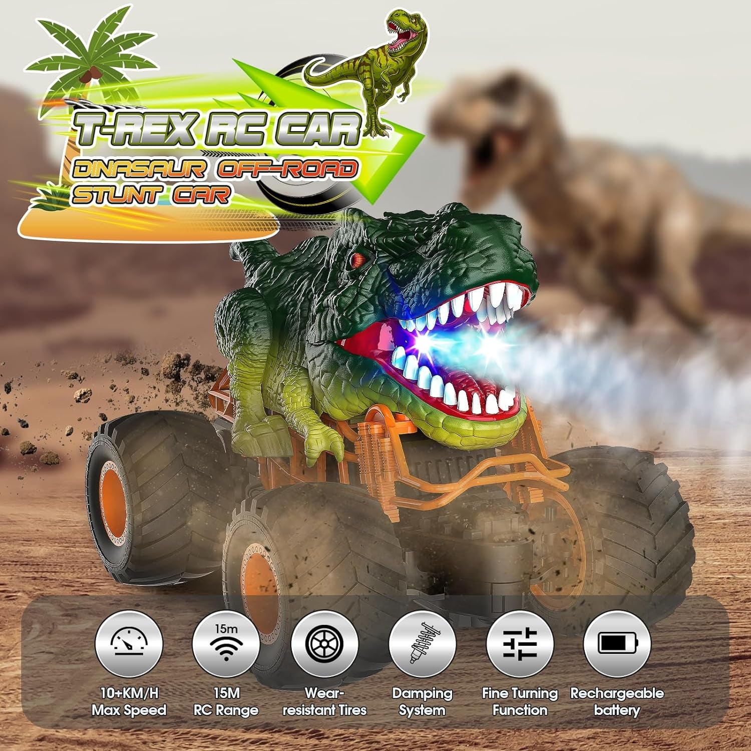 Dinosaur Remote Control Cars, 1:16 Scale Monster Truck Toys with Spray LED Lights, 2.4Ghz Rc Car Boys Toys Age 3 4 5 6 7 8, Kids Toys Gifts for 3 4 5 6 7 8 Year Old Boy Christmas Xmas Gifts for Kids