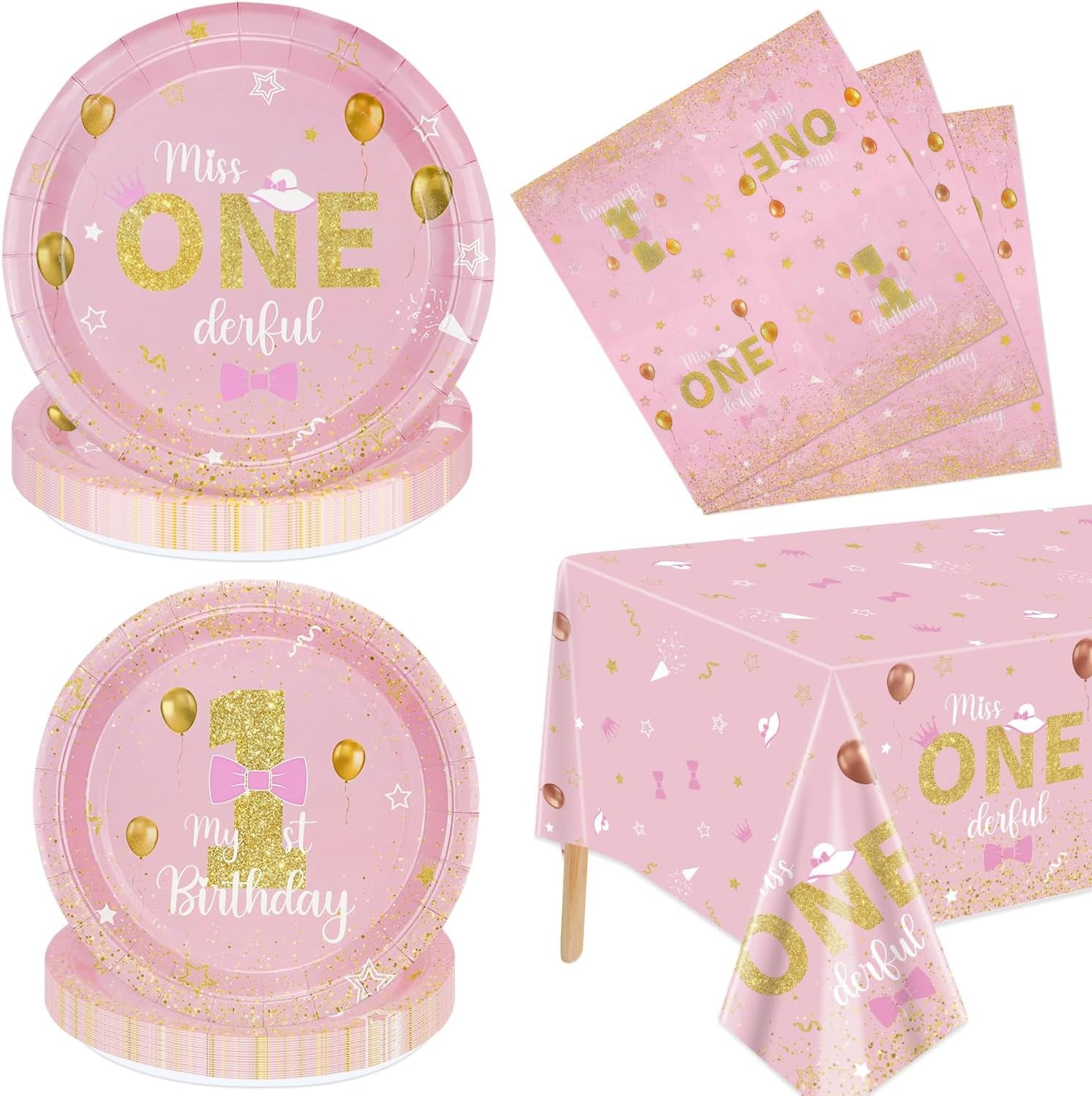 Miss Onederful Birthday Decorations - Pink Gold Plates, Napkins, Tablecloth, First Tableware for Baby Shower 1St Girls Decorations, Serve 20 Guests, JY-26