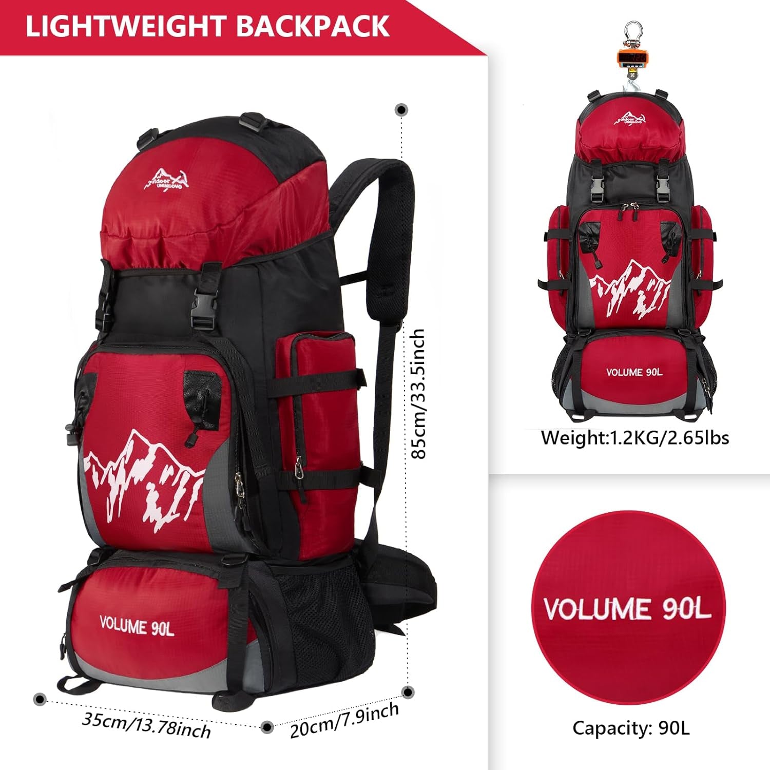 90L Hiking Backpack, Camping Travel Backpack with Rain Cover Lightweight Travel Daypack for Climbing Camping Touring (Red)