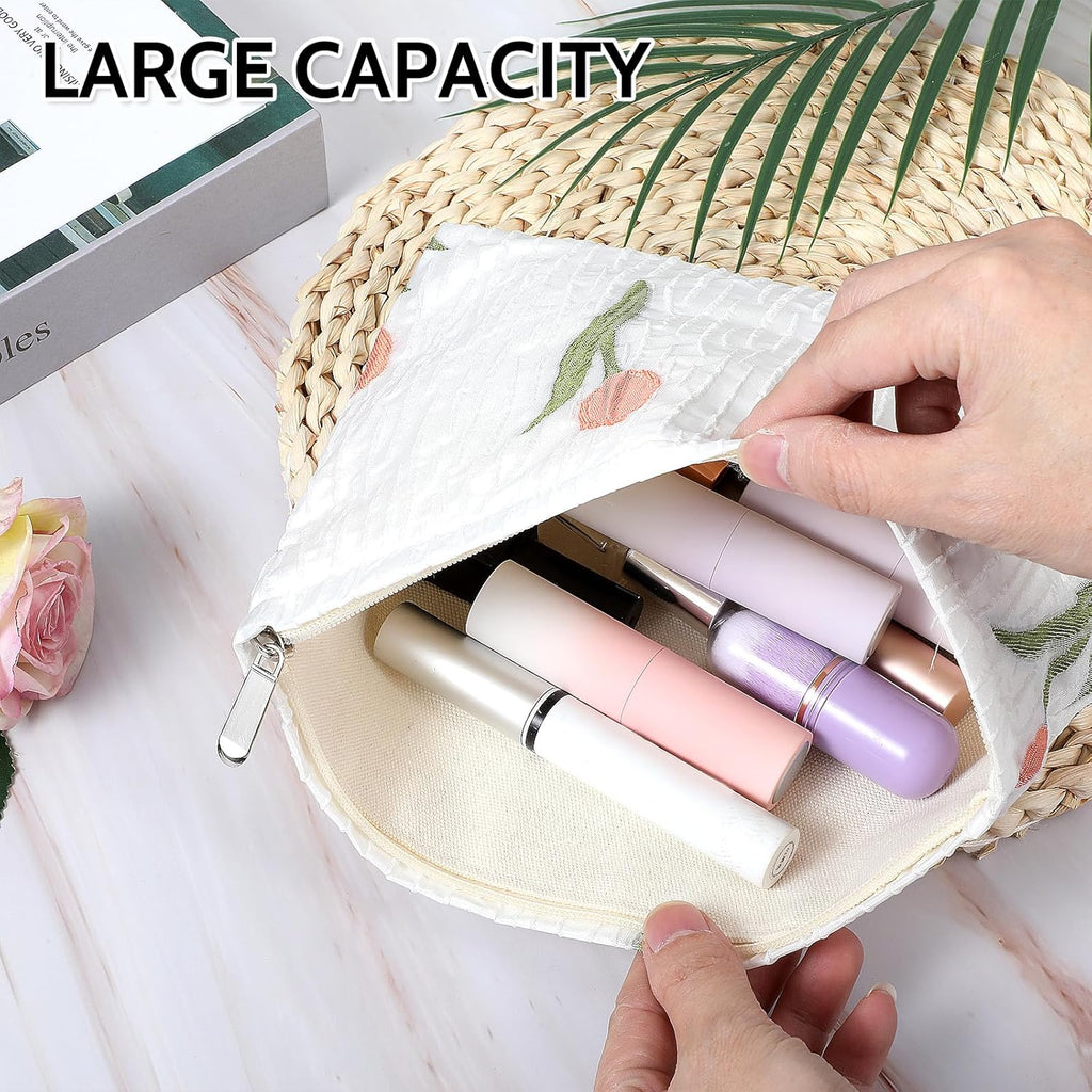 Makeup Bag Large Capacity Elegant Bow Preppy Cosmetic Bag Aesthetic Design Canvas Zipper Organizer Pouch Cute Roomy Pink Portable Toiletry Bag for Women Girls Travel Storage Accessories, White-Green,