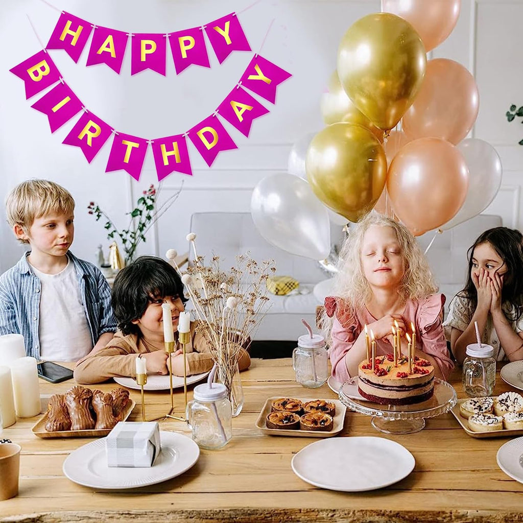 Pink Happy Birthday Bunting Banner Signs Golden Sparkle - Fun and Festive Party Supplies for Girls - Complete 13-Piece Birthday Decorations Set for Memorable Celebrations