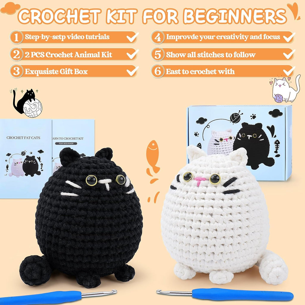 Crochet Kit for Beginners Animal Cat Crochet Kit for Adults Kids, Knitting Kits Complete Crochet Set with Step-By-Step Video Tutorials, 2Pcs Cat Crochet Animal Kit Surprise Gift
