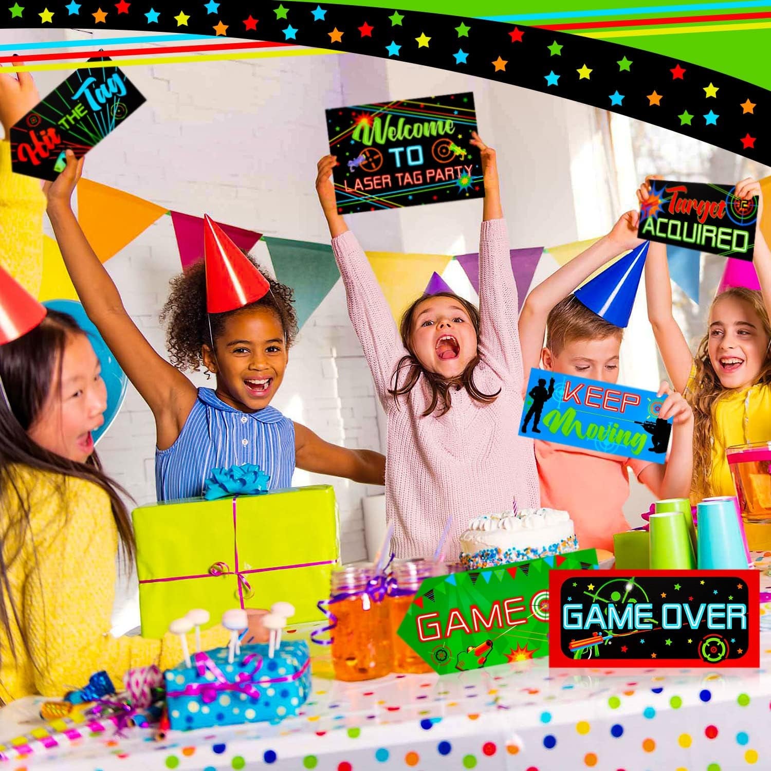 20 Pieces Laser Tag Party Decorations Signs Laminated Signs Laser Tag Party Favors for Boys Wall Decorations Birthday Neon Glow Photography Banner Photo Booth Props