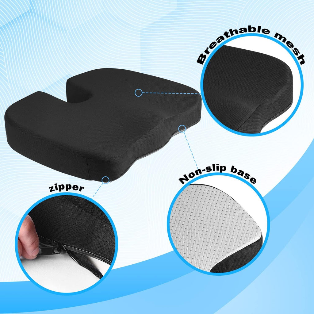 Seat Cushion for Office Chair Breathable Seat Pads, Memory Foam for Pain Relief, Non-Slip Coccyx Cushion Washable Removable Cover for Desk Chair/Car Seat/Gaming Chair/Wheelchair,Black