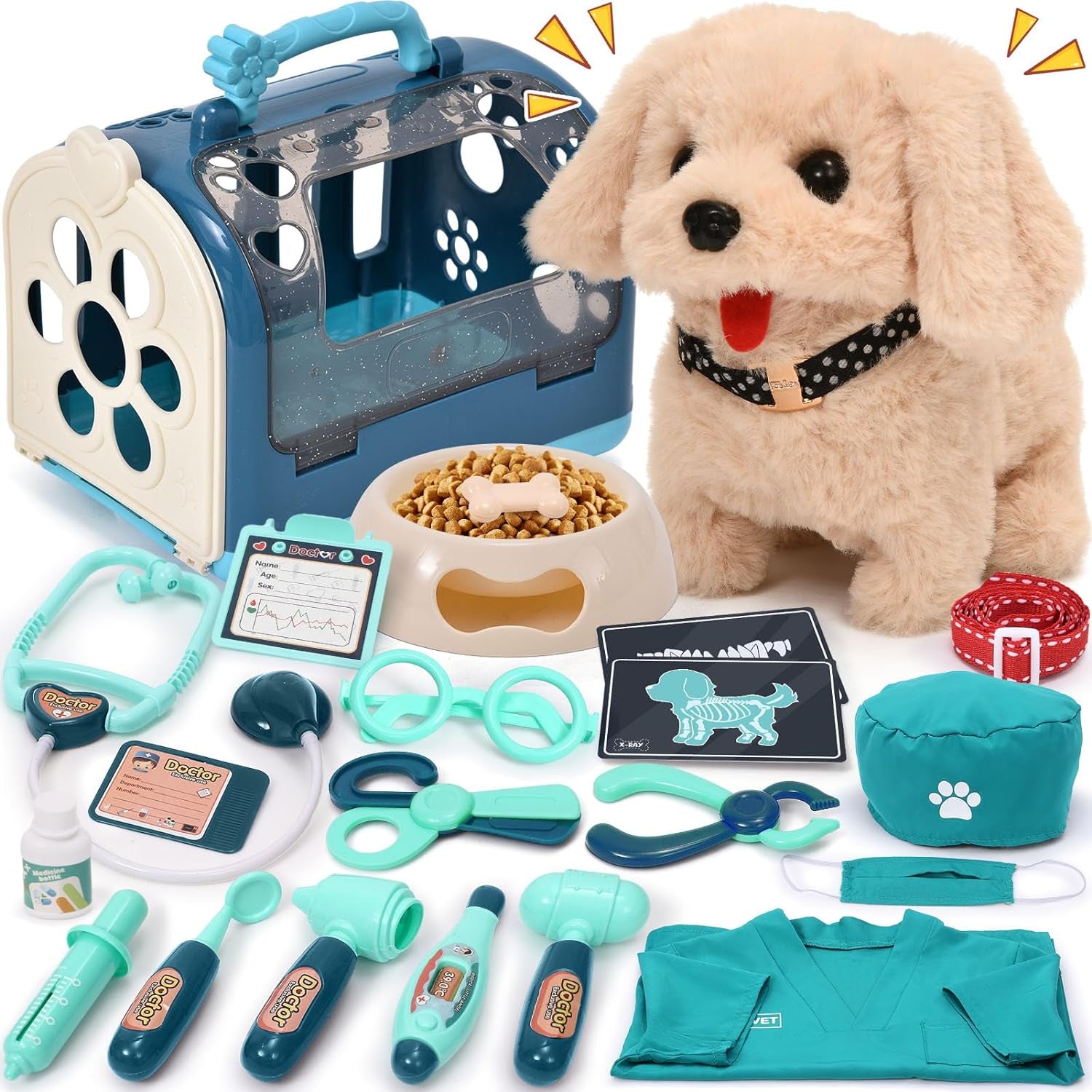 22Pcs Dog Toys for Kids Doctor Kit, Walking Barking Electronic Interactive Stuffed Dog Vet Kit Costume Pretend Play Puppy Pet Care Veterinarian Playset, Gifts for Kids Girls 3 4 5 6+ Year Old