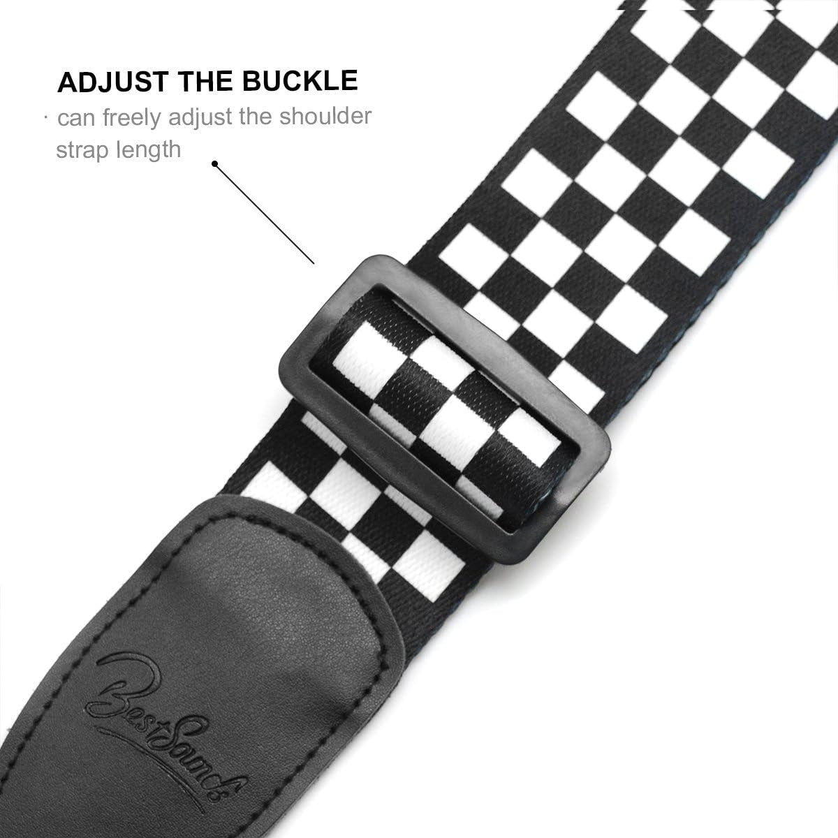 Checkerboard Guitar Strap & Leather Ends Guitar Shoulder Strap, Suitable for Bass, Electric & Acoustic Guitars (Black and White Checkered)