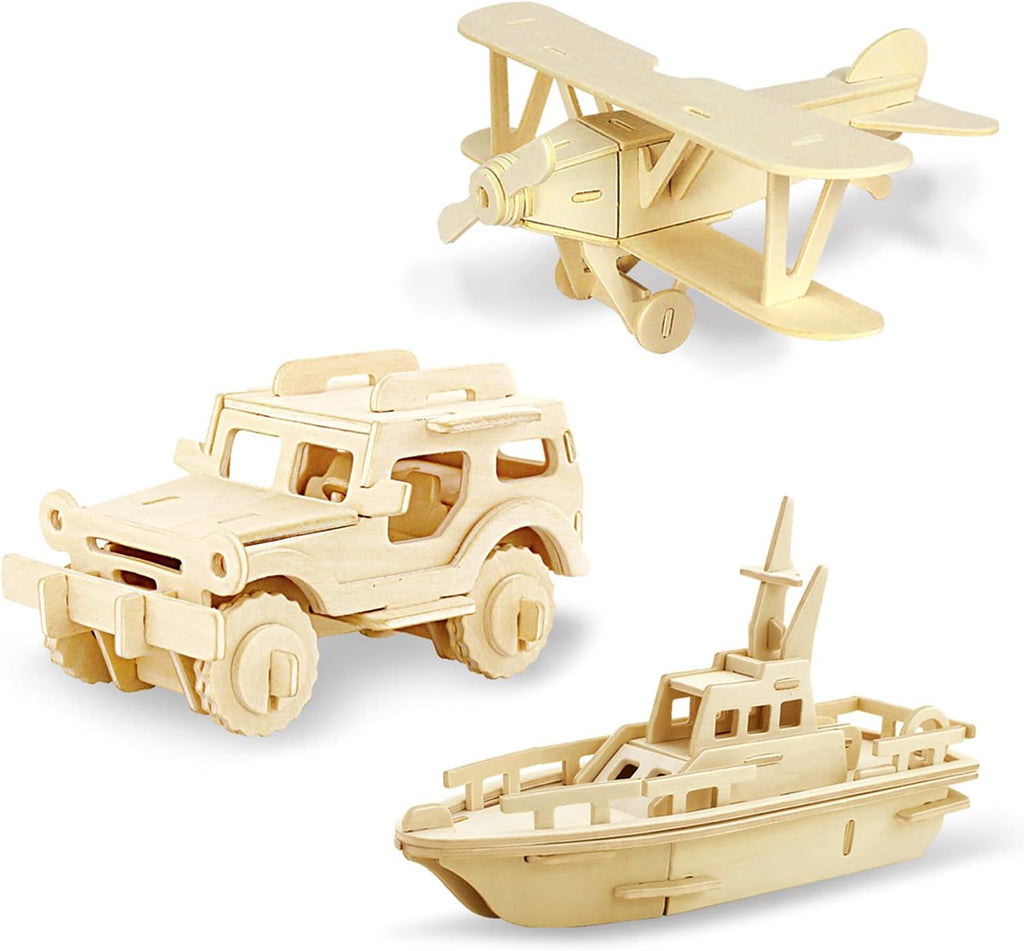 Kids Toys Construction Woodcraft Kits 3D Wooden Model Puzzle Kits Birthday Gifts Pack of 3 Jigsaw (Biplane Off-Road Vehicle Yacht)