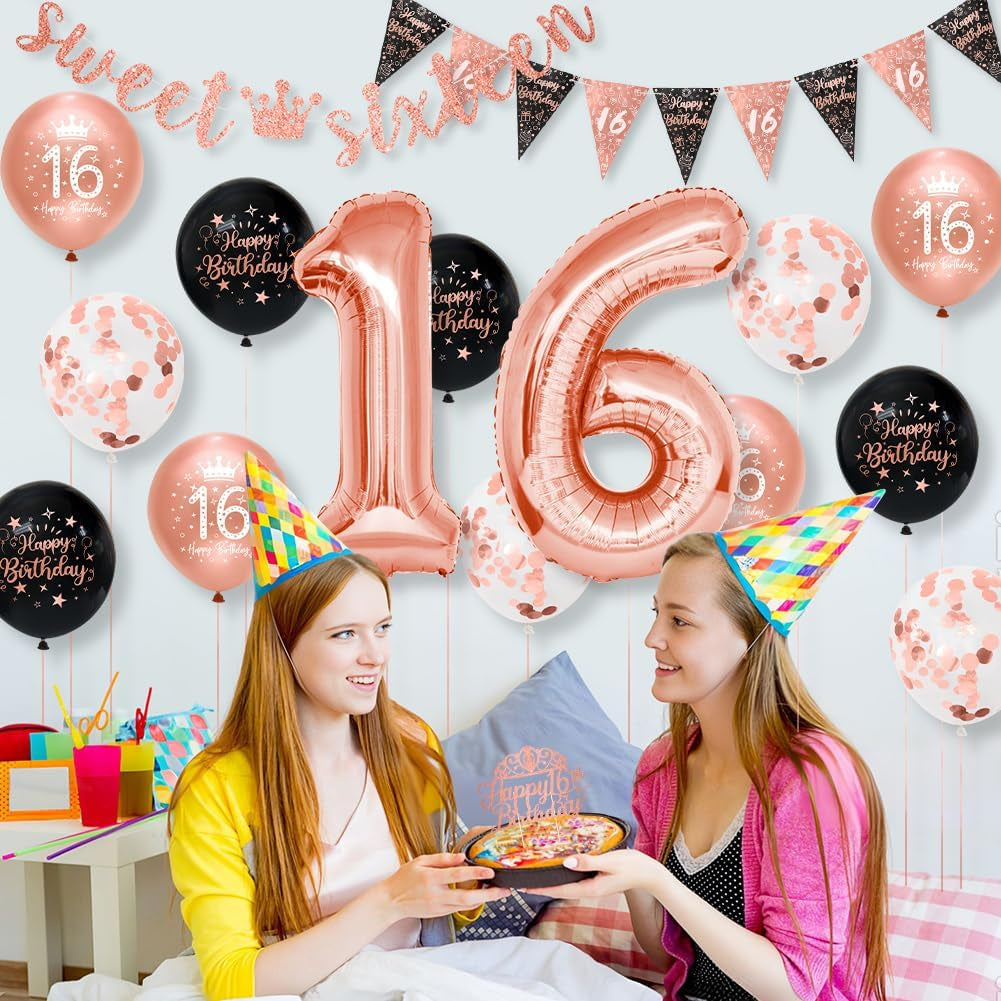 Girls 16Th Birthday Decorations Black Rose Gold Sweet Sixteen Birthday Decorations 16 Pack Girls by